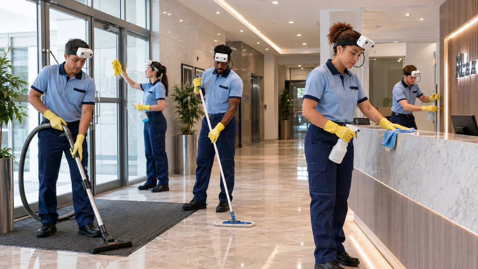 AI-made example of cleaners wearing small cameras while cleaning